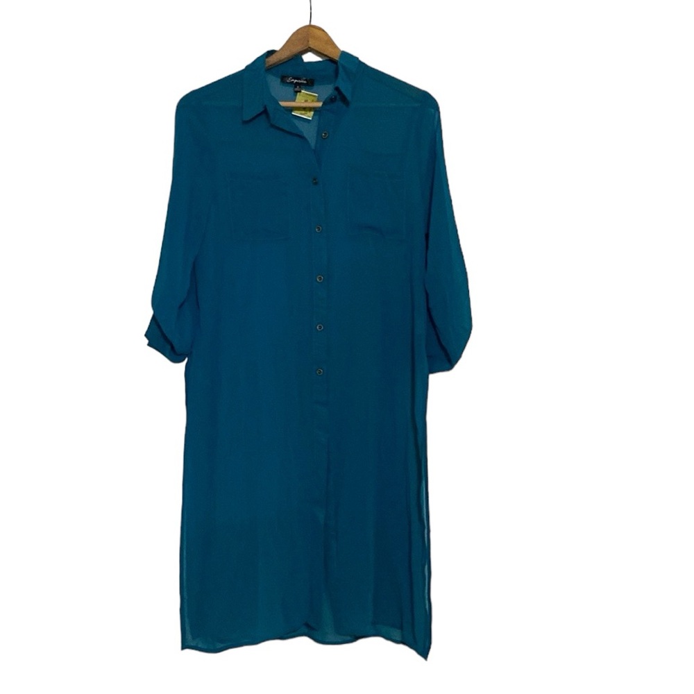 Emperice Long Blouse Tunic Sheer Dress Shirt Turquoise Size Small NEW